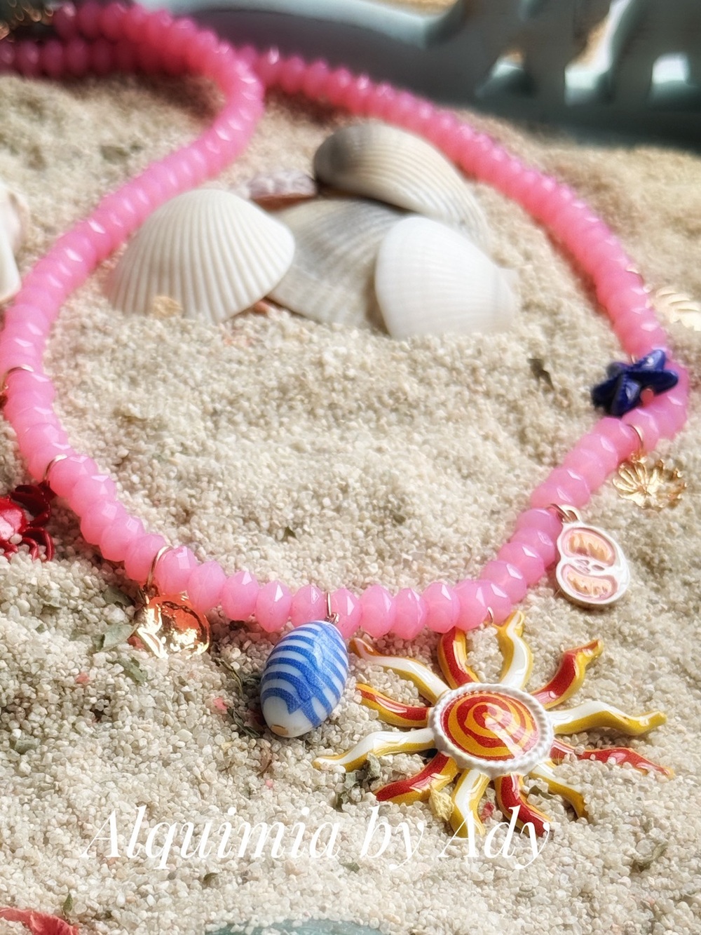 Boho Pink Beaded Necklace with Sun, Shell & Star Charms